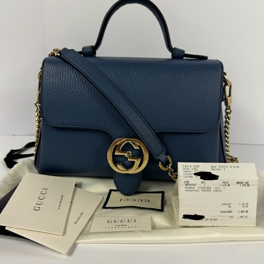 Gucci GG Interlocking Navy Leather Satchel with Gold Chain Made in Italy - Picture 2 of 15